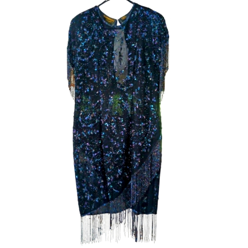 Mark&John II Fringe Beaded Dress in Blue and Black